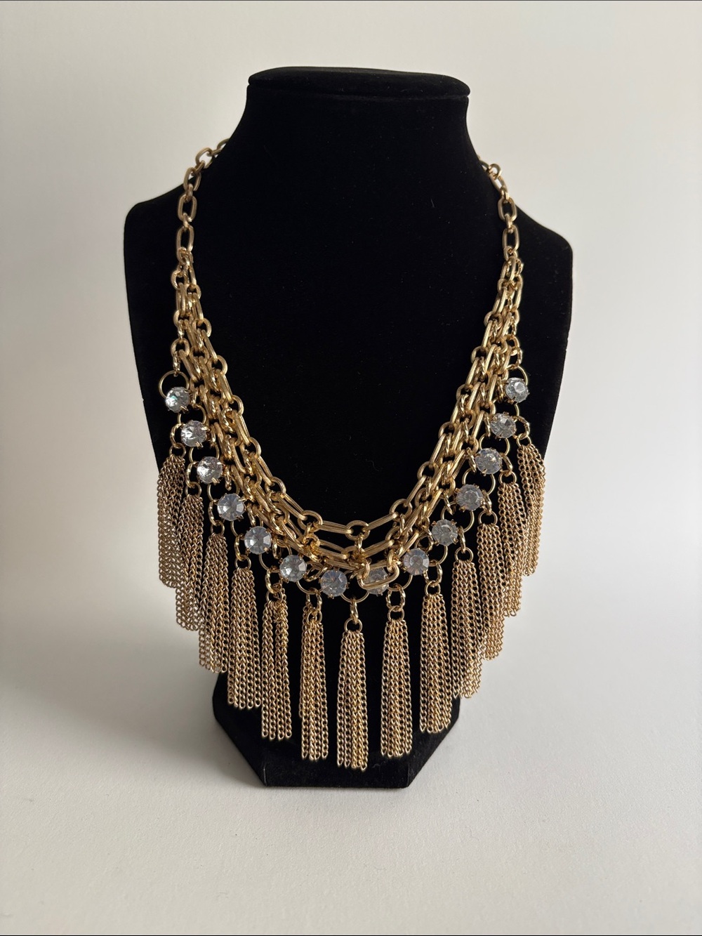 Gold Tassel Statement Necklace Clear Crystal Fringe Women Jewelry